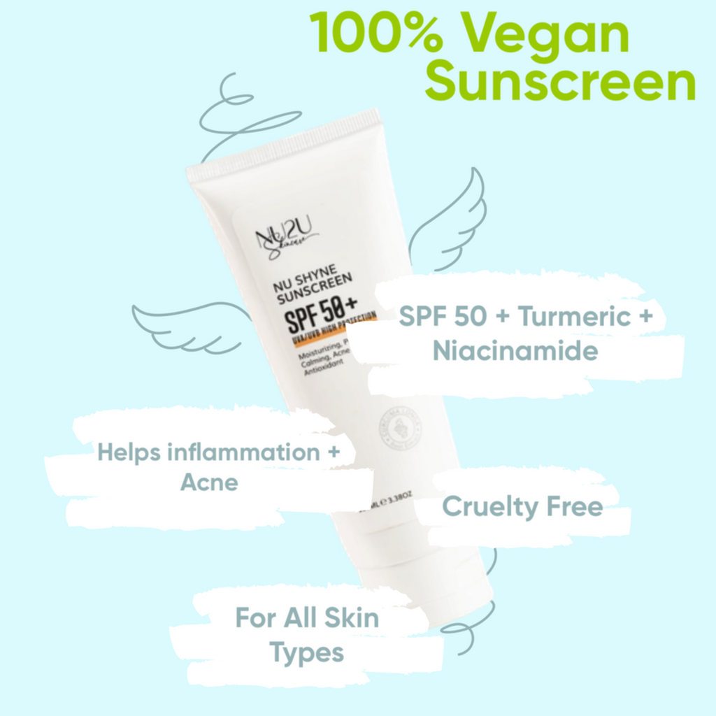alt="NU Shyne Sunscreen with wings, swirls, and captions that say 100% vegan, helps inflammation + acne, spf 50 + turmeric + niacinamide, for all skin types, and cruelty free."