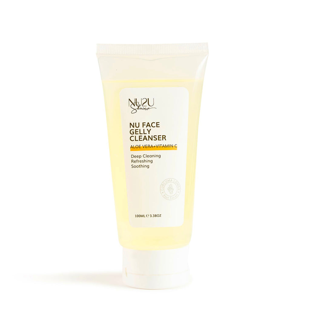 alt=“Clear tube with white top and yellow colored gel cleanser with white label on front displaying NU2U Skincare NU Face Gelly Cleanser Aloe Vera + Vitamin C and back label showing full ingredients." 