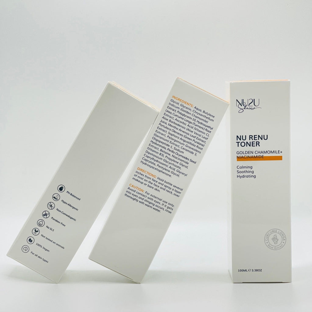 alt="Three boxes of NU Renu Toner leaning on each other. One showing ingredients, the other the logo name and key ingredients, and the other the benefits."