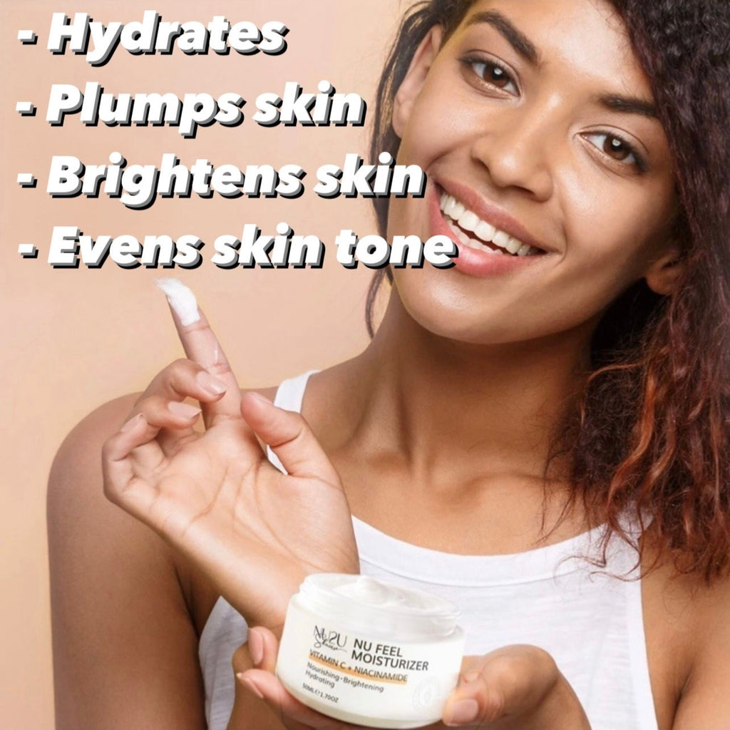 alt="Black girl holding an open jar of NU Feel Moisturizer with cream on her right pointer finger pointing up to the words hydrate, plumps skin, brightens skin, and evens skin tone."