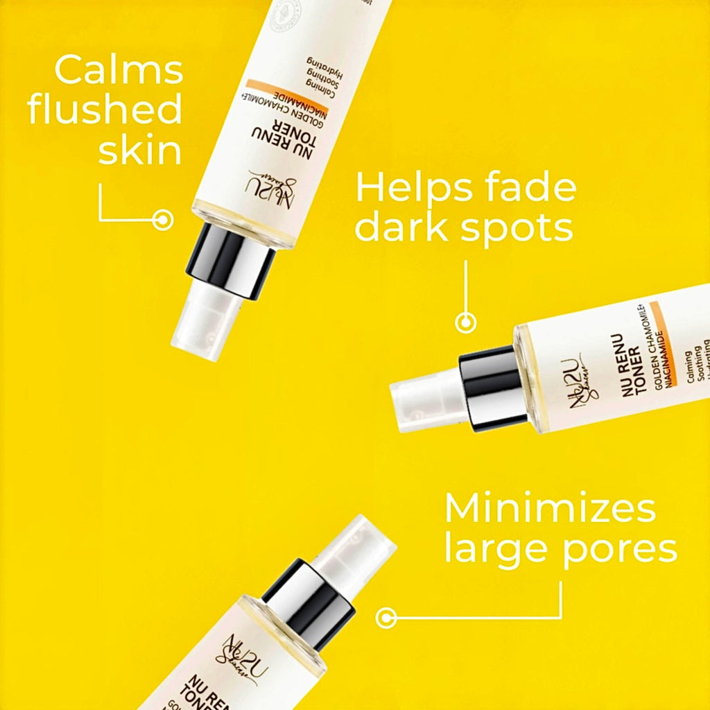 alt="3 bottles of NU Renu Toner laying in different positions on yellow background with with captions that say calms flushed skin, helps fade dark spots, and minimizes large pores."