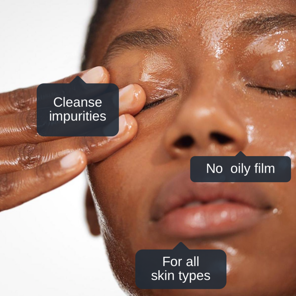 alt="Woman with NU U Cleansing Balm all over face and stickers of benefits."