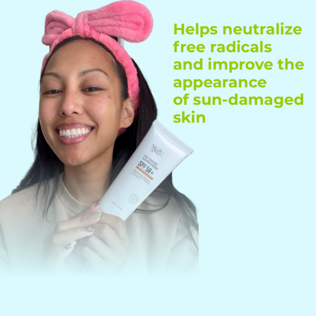 alt="girls holding a tube of NU Shyne Sunscreen with benefit caption on the side."